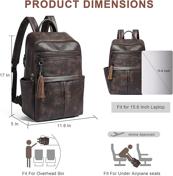 Leather Laptop Backpack for Women, 15.6" Causal Daypack Backpacks Purse Computer Backpack with Laptop Compartment for Travel Work College Business, Coffee