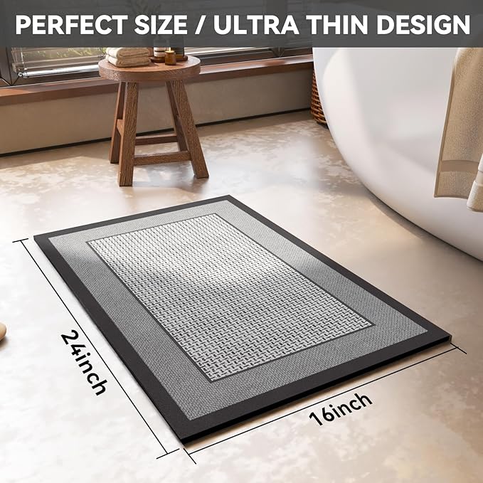 Non Slip Thin Bath Mat Bathroom Rugs, Rubber Backing Ultra Thin Bathroom Rug Fit Under Door, Quick Dry Super Absorbent Washable Shower Bath Mats, Grey 16x24