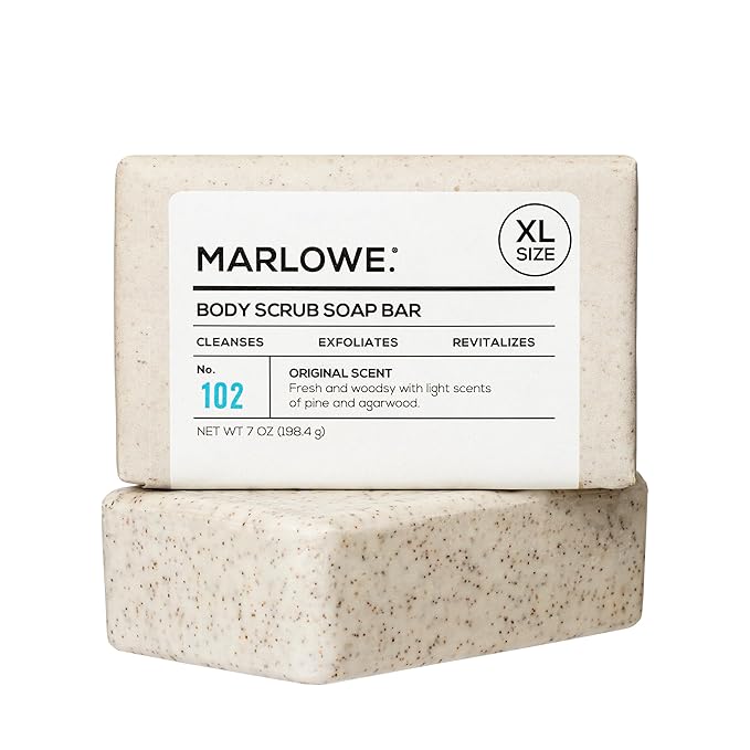 MARLOWE. No. 102 Body Scrub Soap 7 oz, Exfoliating Soap Bar with Shea Butter, Olive Oil & Green Tea Extracts, Cleanses, Smooths & Revitalizes Skin, Original Sage & Fir Scent