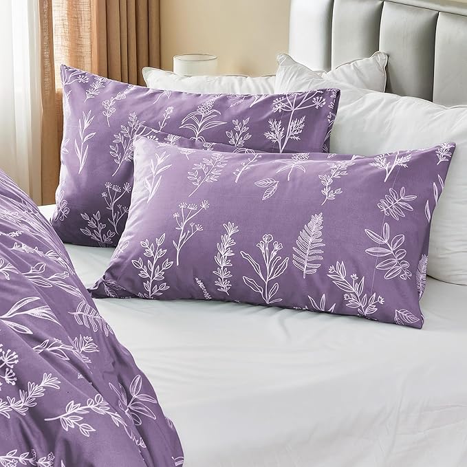 MUXHOMO Duvet Cover King Size, Reversible Floral Grayish Purple Duvet Cover Set with Zipper Closure, 3 Pieces Botanical Patterns Soft Microfiber Bedding Set with 4 Ties (90"x104", 2 Pillow Cases)