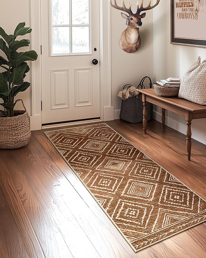 Area Rug 2x3 Rug Machine Washable Non-Slip Low Pile Print Pattern Western Rug for Living Room Bedroom Entryway Tribal Series -Yellowbrown/Cream
