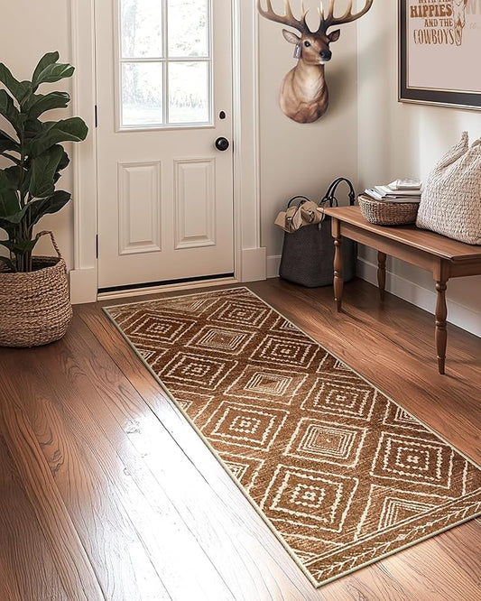 Area Rug 2x6 Rug Machine Washable Non-Slip Low Pile Print Pattern Western Rug for Living Room Bedroom Entryway Tribal Series -Yellowbrown/Cream
