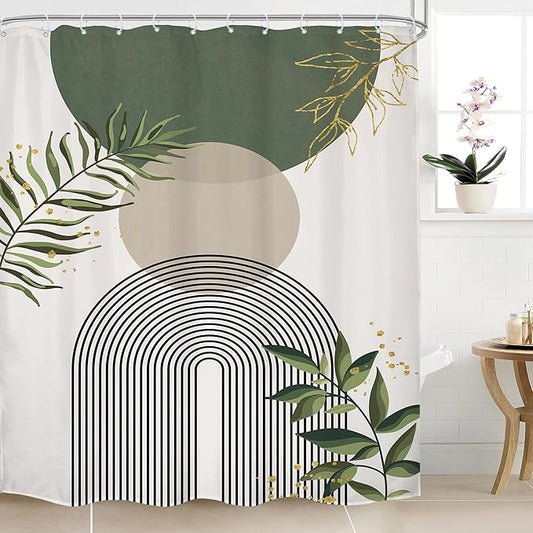 Green Boho Shower Curtain 72Wx96H Extra Long Mid Century Modern Abstract Green Gold Minimalist Leaves Sun Arch Bathroom Decor Geometric Plant Bath Curtain Fabric Polyester 12 Pack Hooks