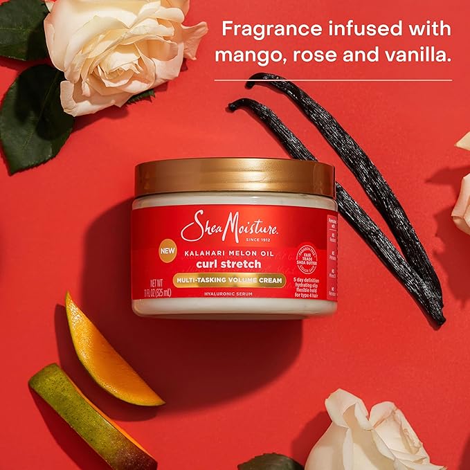 SheaMoisture Curl Stretch Multi-tasking Volume Cream Kalahari Melon Oil and a Tropical Vacation Scent With Hydrating Hyaluronic Serum, Defines Type 4 Curls For Days 11 Fl Oz