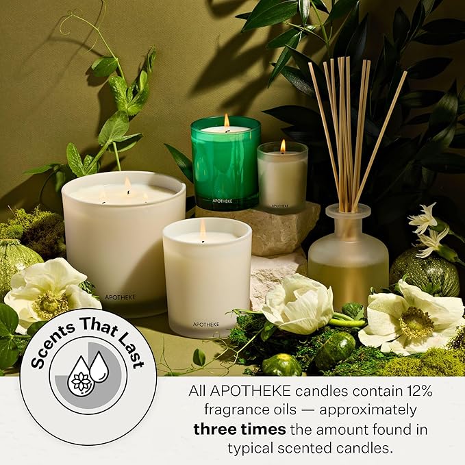 Apotheke 3-Wick Scented Candles for Home, Verdant Garden - 26 oz Soy Wax Jar Candle Gift for Women - Long-Lasting Fragrance with Perfume-Grade Essential Oils - Cedarwood, Jasmine, Fig & Coconut