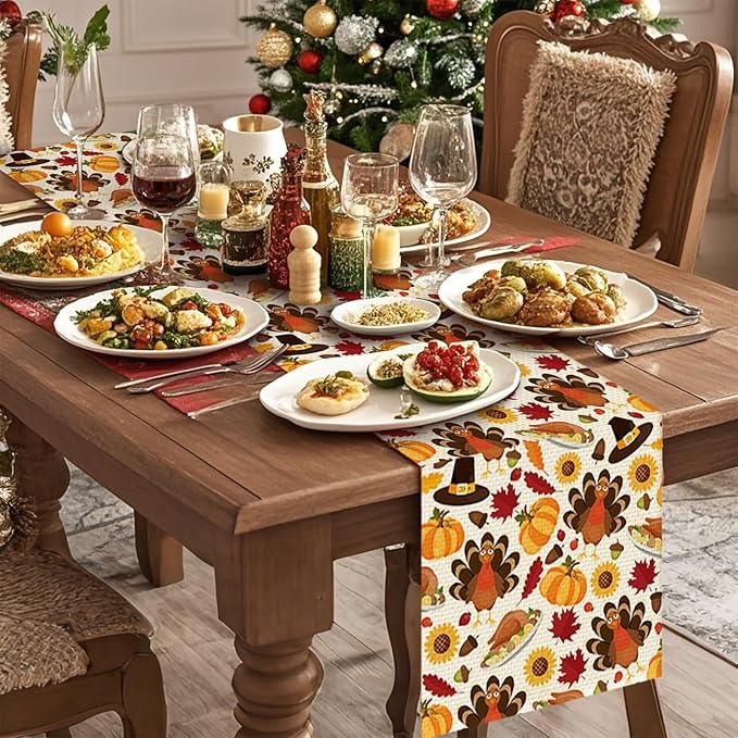 Turkey Burlap Table Runner Seasonal Spring Fall Kitchen Dining Linen Table Decoration for Indoor Outdoor Home Party Dinner 13x72 Inch