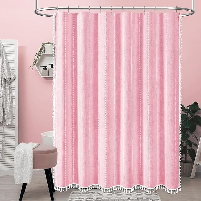 BTTN Extra Long Shower Curtain - 72x84 Long Pink Boho Chic Striped Tassel Linen Fabric Shower Curtain Set with 12 Hooks, Tall Modern Farmhouse Cute Heavy Duty Cloth Shower Curtain for Bathroom - Blush
