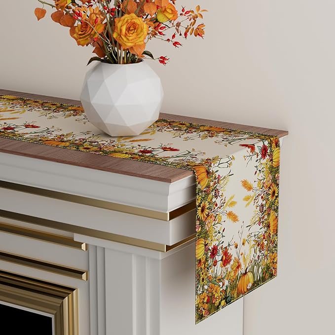 XCHI Fall Color Wild Flowers Pumpkin Table Runner Table Decoration for Kitchen Dining Dinner Autumn Home Decor 13x36 Inch