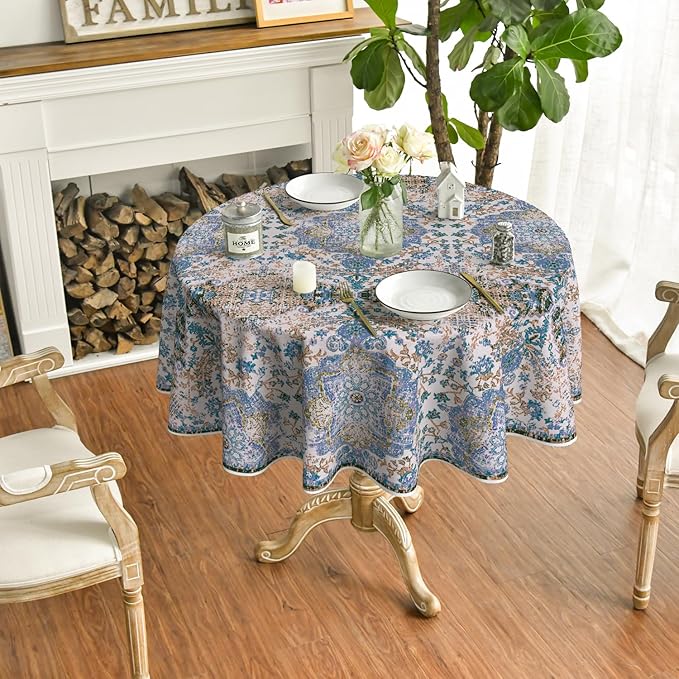 Horaldaily Boho Bohemia Style Tablecloth 70×70 Inch Round, Blue Vintage Country Rustic Farmhouse Magical Fall Orange Washable Seasonal Table Cover for Party Picnic Dinner Decor
