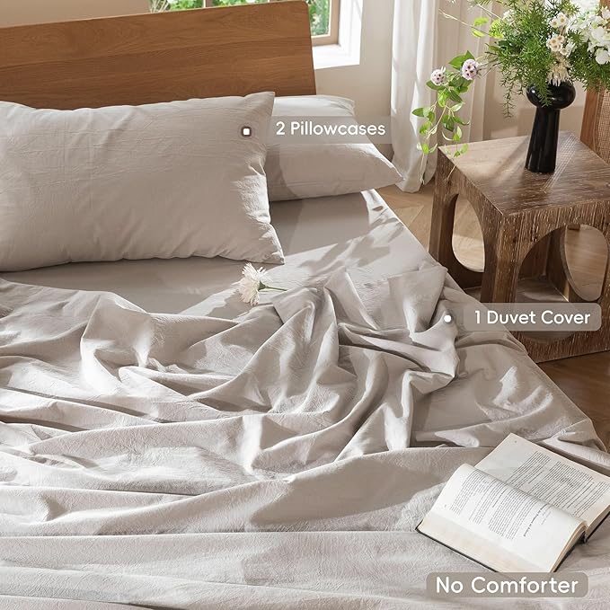 MooMee Bedding Duvet Cover Set 100% Washed Cotton Linen Like Textured Breathable Durable Soft Comfy (Solid Light Tan, Oversized King Plus 128"x120")