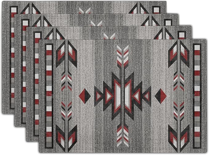 Giwawa Southwestern Placemats, Grey Red Tribal Geometric Decorative Table Mats, Native American Ethnic Farmhouse Non-Slip Place Mat for Dining Kitchen Party, 12x18Inch, Set of 4