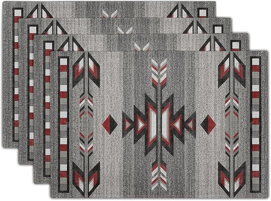 Giwawa Southwestern Placemats, Grey Red Tribal Geometric Decorative Table Mats, Native American Ethnic Farmhouse Non-Slip Place Mat for Dining Kitchen Party, 12x18Inch, Set of 4