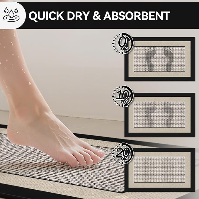Non Slip Thin Bath Mat Bathroom Rugs, Rubber Backing Ultra Thin Bathroom Rug Fit Under Door, Quick Dry Super Absorbent Washable Shower Bath Mats, Beige 24x36