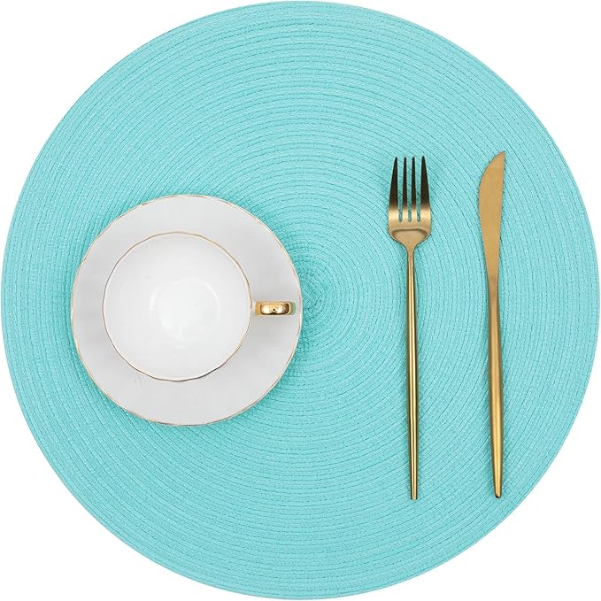 SHACOS Round Placemats Set of 6 Washable 15 inch Round Table Mats Cotton Polyester Woven Braided Place Mats for Dining Table (Aqua, 6)