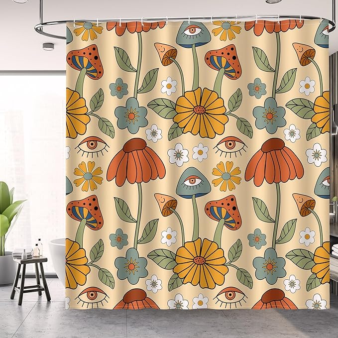 Aimego Boho Mushroom Floral Shower Curtains - 70s Retro Bohemian Yellow Orange Flowers Eyes Bath Shower Curtain Set with 12 Hooks for Adults Bathroom Decor Accessories, 72"x72"