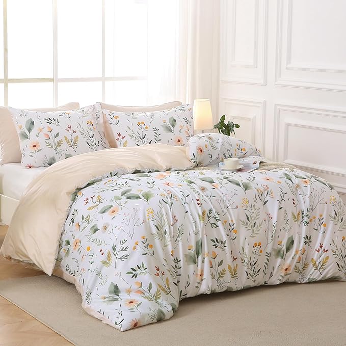 MUXHOMO Duvet Cover Queen Size, Reversible Floral Vintage Duvet Cover Set with Zipper Closure, 3 Pieces Botanical Patterns Soft Microfiber Bedding Set (90"x90", 2 Pillow Cases, Garden Leaves White)