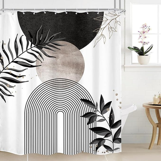 Black Grey Boho Shower Curtain 60Wx72H Bohemian Mid Century Modern Abstract Gray Gold Leaves Plant Minimalist Geometric Bathroom Decor Arch Neutral Bath Curtain Fabric Polyester 12 Pack Hooks