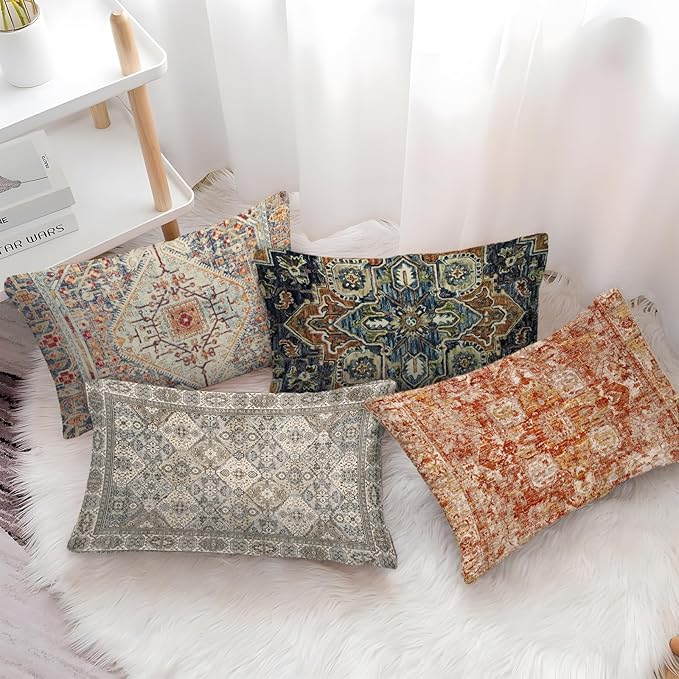 Boho Floral Throw Pillow Covers 12x20 inch Set of 2,Boho Rug Geometric Floral Pattern Decor Double Sided Pattern Cushion Cover Soft Pillow Case Living Sofa Room Bed Square Pillow Cover