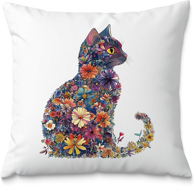 Colorful Floral Cat Pillow Covers 18x18, Gifts for Cat Lovers Mom Lady Owners, Elegant Kitten Kitty Decorative Pillow Covers for Home Bedroom Living Room Decor, Pet Lover Gifts