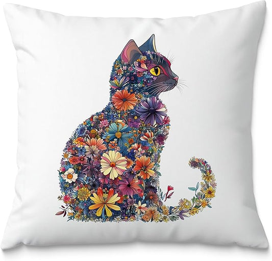 Colorful Floral Cat Pillow Covers 18x18, Gifts for Cat Lovers Mom Lady Owners, Elegant Kitten Kitty Decorative Pillow Covers for Home Bedroom Living Room Decor, Pet Lover Gifts