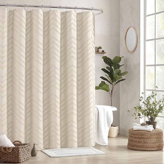 96inch Extra Long Beige Shower Curtain Modern Farmhouse Shower Curtain Bohemian Chic Tufted Chevron Textured Striped Minimalist Shower Curtains Woven Fabric Cute Beige Shower Curtains