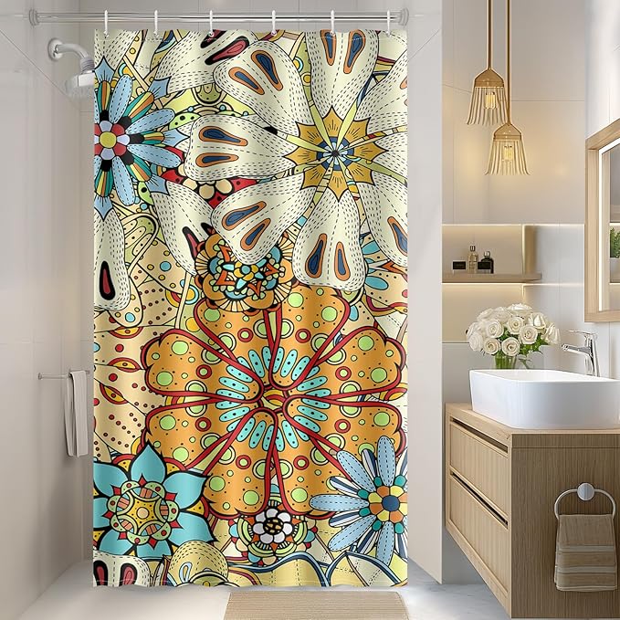 Aimego Stall Small Shower Curtain - Boho Floral Bohemian Chic Mandala Gypsy Flowers Narrow Half Fabric Cloth Shower Curtain Set for Adults Bathroom Decor Accessories Bath Curtain, 36"x72"