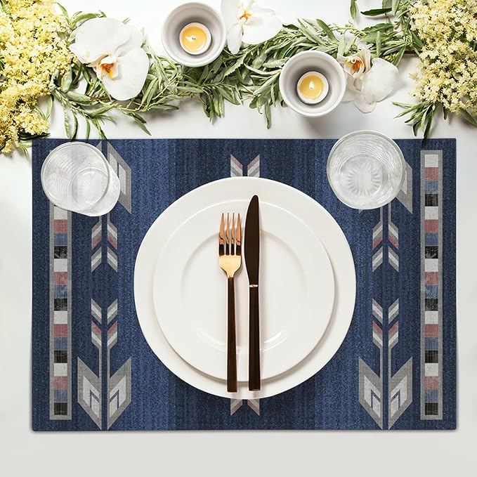 Giwawa Southwestern Placemats Set of 4, Navy Blue Grey Ethnic Tribal Geometric Decorative Place Mat, 12"x18" Native American Heat Resistant Table Mats for Dining Kitchen Party