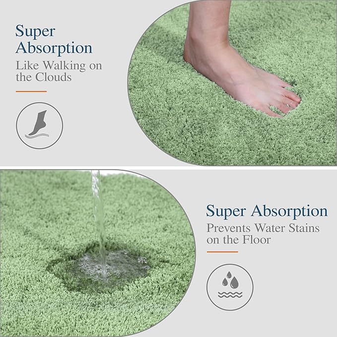 Walensee Non Slip Bath Mat (16 x 24, Sage Green) Soft Microfiber Shaggy Bath Mat Water Absorbent Machine Washable Thick Plush Shower Rug