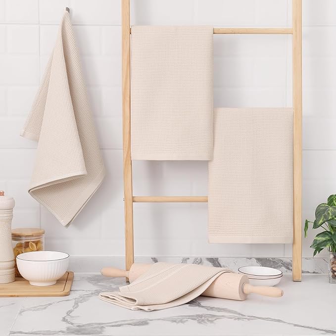 Homaxy 100% Cotton Waffle Weave Kitchen Towels - 4 Pack Soft and Absorbent Dish Towels - 16 x 26 Inches Quick Dry Hand Towels - Beige
