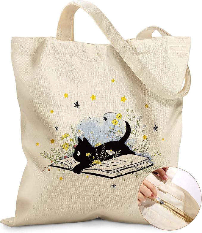 Canvas Tote Bag for Women – Aesthetic Canvas Bag with Zipper Cute Stylish Reusable Shoulder Totes for Shopping Work Daily Vacation, Cat Read