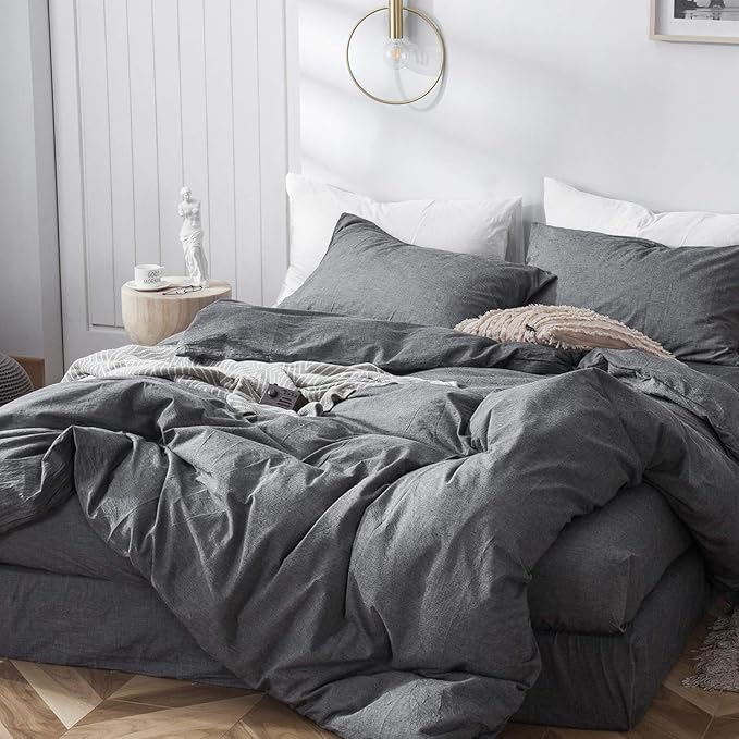 MooMee Bedding Duvet Cover Set 100% Washed Cotton Linen Like Textured Breathable Durable Soft Comfy (Heathered Dark Grey, Full 80"x90")