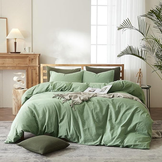 AMWAN Soft Sage Green Duvet Cover Twin 3 Piece Washed Cotton Bedding Sets Simple Style Light Green Comforter Cover Breathable Cotton Green Bedding Duvet Cover for Kids Boy Girl Adults Twin Bed Set