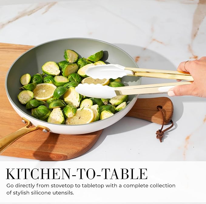 White Silicone and Gold Cooking Utensils Set with Gold Utensil Holder - 7-Piece Silicone Cooking Tools - Ideal for Nonstick Cookware and Stylish Modern Kitchens - Luxury Kitchen Accessories