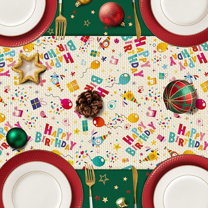 Happy Birthday Table Runner Seasonal Spring Fall Kitchen Dining Linen Table Decoration for Indoor Outdoor Home Party Dinner 13x72 Inch