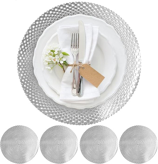 Vinyl Round Placemats Set of 4 - Non Slip Place Mats Ideal for Indoor and Outdoor Dining Table - Washable and Heat Resistant Table Mat for Kitchen Tables (Vincent Silver)