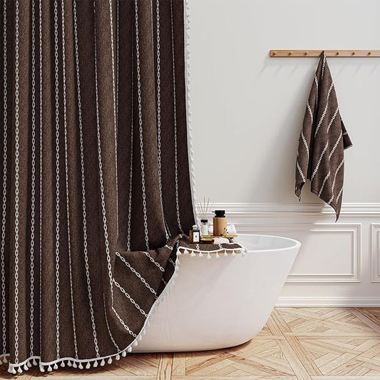 BTTN 78 Inch Long Shower Curtain - Boho Farmhouse Striped Linen Fabric Shower Curtain Set with Tassel, Water Repellent, Tall Rustic Country Shower Curtain for Bathroom with Hooks, 72x78, Brown