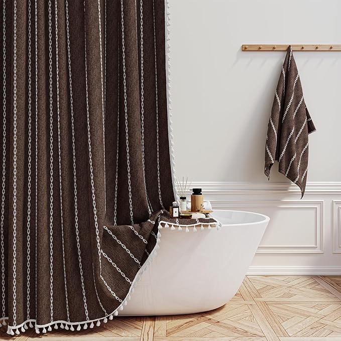 BTTN Boho Shower Curtain, Bohemian Linen Fabric Heavy Duty Striped Shower Curtains Set with Tassel, Water Repellent, Farmhouse Aesthetic Shower Curtain for Bathrooms with Hooks, 72"x72", Brown