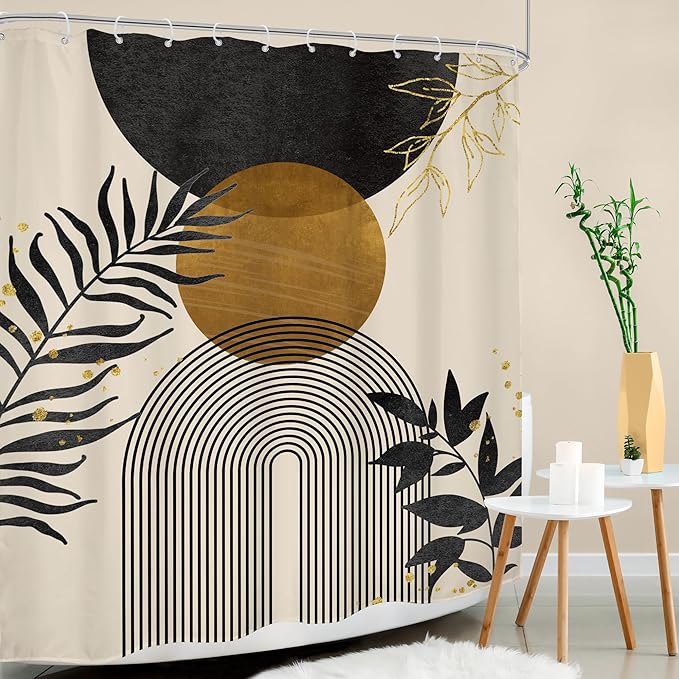 Black Boho Shower Curtain 60Wx72H Modern Bohemian Abstract Brown Tan Mid Century Gold Leaves Plant Botanical Arch Bathroom Decor Minimalist Geometric Bath Curtain Fabric Polyester 12 Pack Hooks