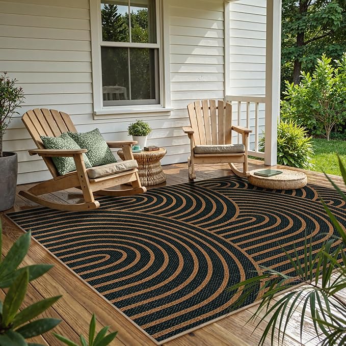 Lahome Modern Rainbow Easy Jute Carpet, Washable 5x7 Area Rugs for Living Room Black Farmhouse Dining Room Rug, Contemporary Natural Throw Mat Non Slip Floor Carpet for Office RV Patio