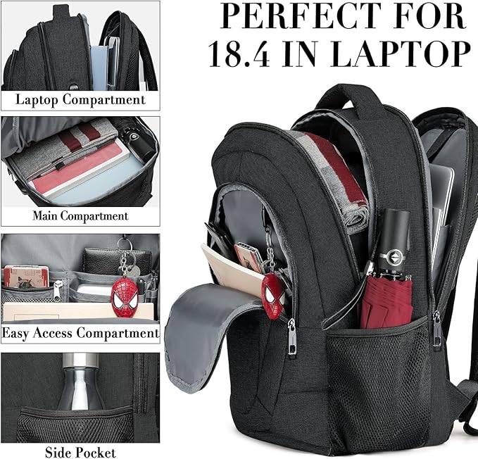 BIKROD 45L Extra Large Travel Laptop Backpack for Men and Women, Carry on Back Pack with USB Charging Port Fit 18.4 IN Laptop, Black, Gift