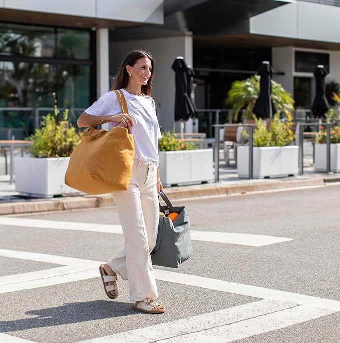 VeraMia Canvas Grocery Bag 3pc XL Set with Real Pockets, Long Shoulder Strap and Short Handle. Heavy Duty, Foldable, Washable