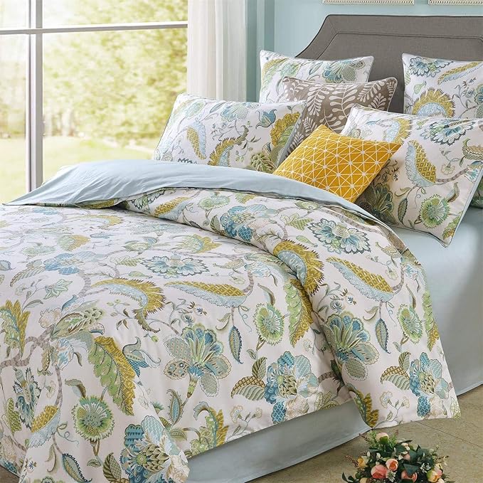 mixinni Cotton Print Paisley Duvet Cover for Queen Size Bed Green Floral Duvet Cover Set Reversible Design Blue Bedding Set 1 Duvet Cover 2 Pillowcases for Him and Her- (3pcs, Queen Size)