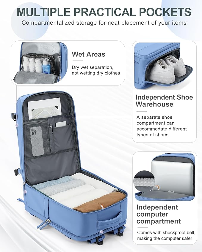 coowoz Large Travel Backpack Carry On for Women Man Waterproof Gym Backpacks with Laptop Compartment Mochila de Viaje Teacher Personal Item Backpack Rucksack Airplane Accessories Must Haves Sky Blue