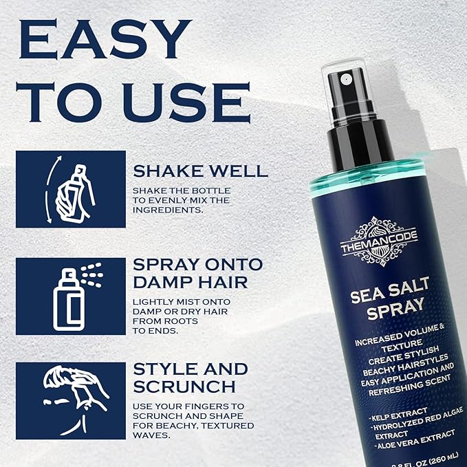 Sea Salt Spray for Men, Texturizing Hairspray, Stocking Stuffers for Man, Surf Spray Adds Instant Volume, Travel Essentials, Christmas Gift for Men, 8.8 Oz