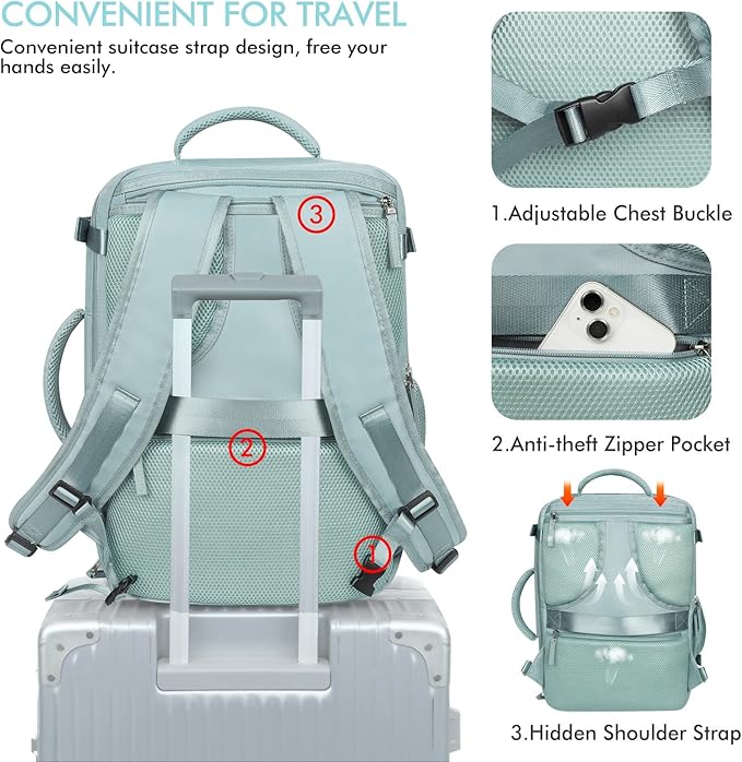 Beraliy Travel Backpack for Women, Airline Approved Bag, 16 inch Laptop Waterproof Hiking Backpack, Casual College Daypack, Weekender Bag, Mint Green