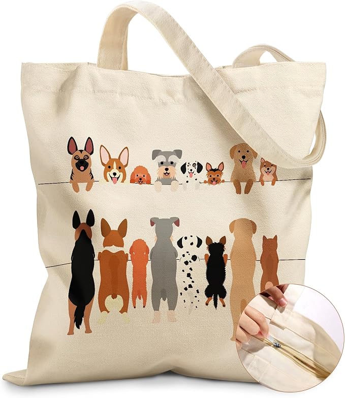 Canvas Tote Bag for Women – Aesthetic Canvas Bag with Zipper Cute Stylish Reusable Shoulder Totes for Shopping Work Daily Vacation, Multi Puppies