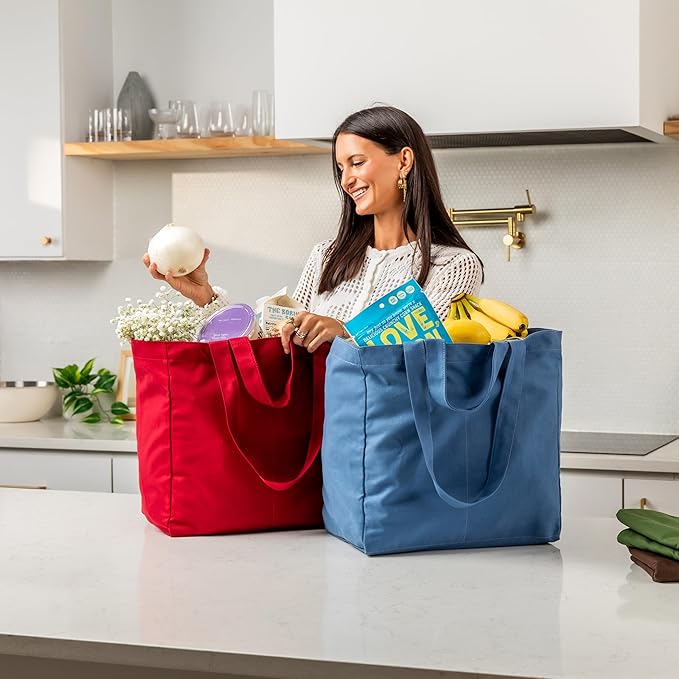 VeraMia Canvas Grocery Bag 3pc XL Set with Real Pockets, Long Shoulder Strap and Short Handle. Heavy Duty, Foldable, Washable