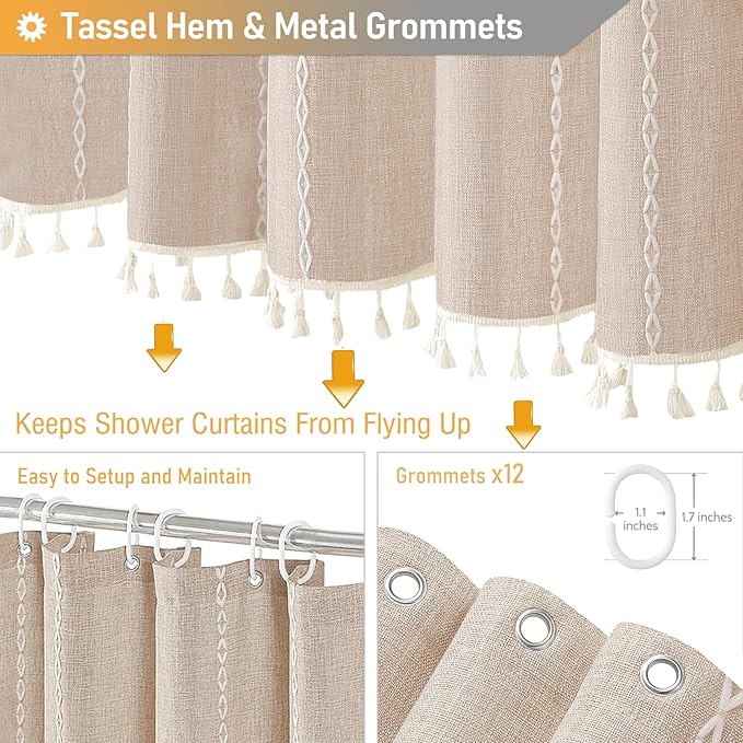 BTTN Extra Long Shower Curtain, 72x96 Long Striped Boho Chic Linen Fabric Heavy Duty Shower Curtain Set with Hooks, Tall Bohemian Farmhouse Luxury Tassel Cloth Shower Curtains for Bathroom, Tan/Taupe