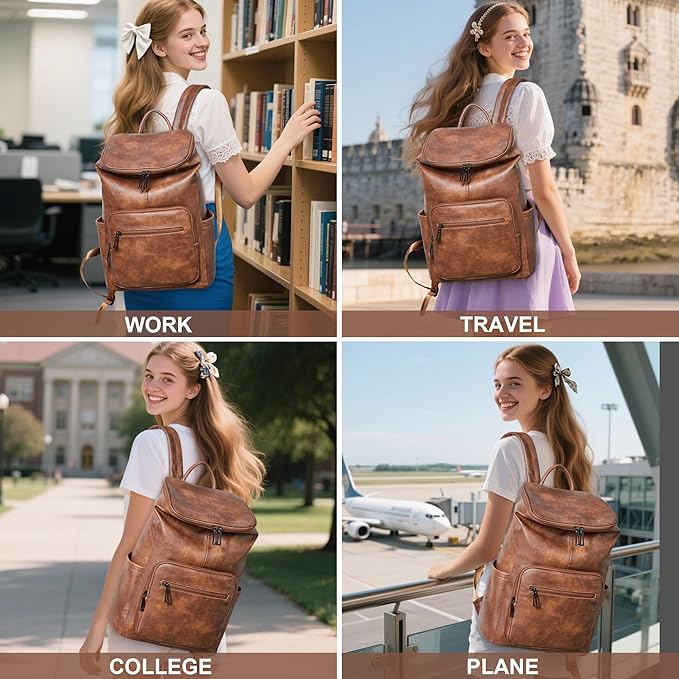 Leather Laptop Backpack for Women, 15.6 Inch Travel Backpack with Laptop Compartment, Casual Daypack Fashion Travel Backpack Purse for Travel College Work, Brown