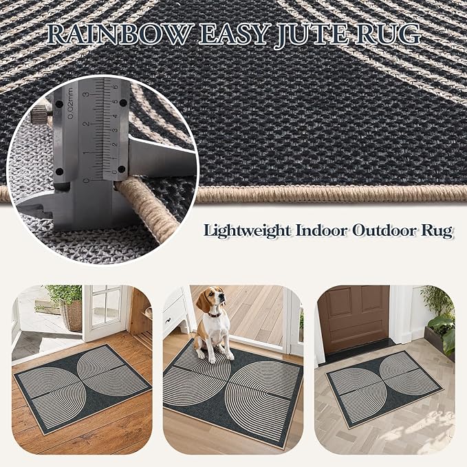 Lahome Rainbow Indoor Door Mat, 20"x32" Small Black Rugs for Entryway Kitchen Neutral Area Rug, Farmhouse Non Slip Non Shedding Lightweight Floor Carpet for Front Porch